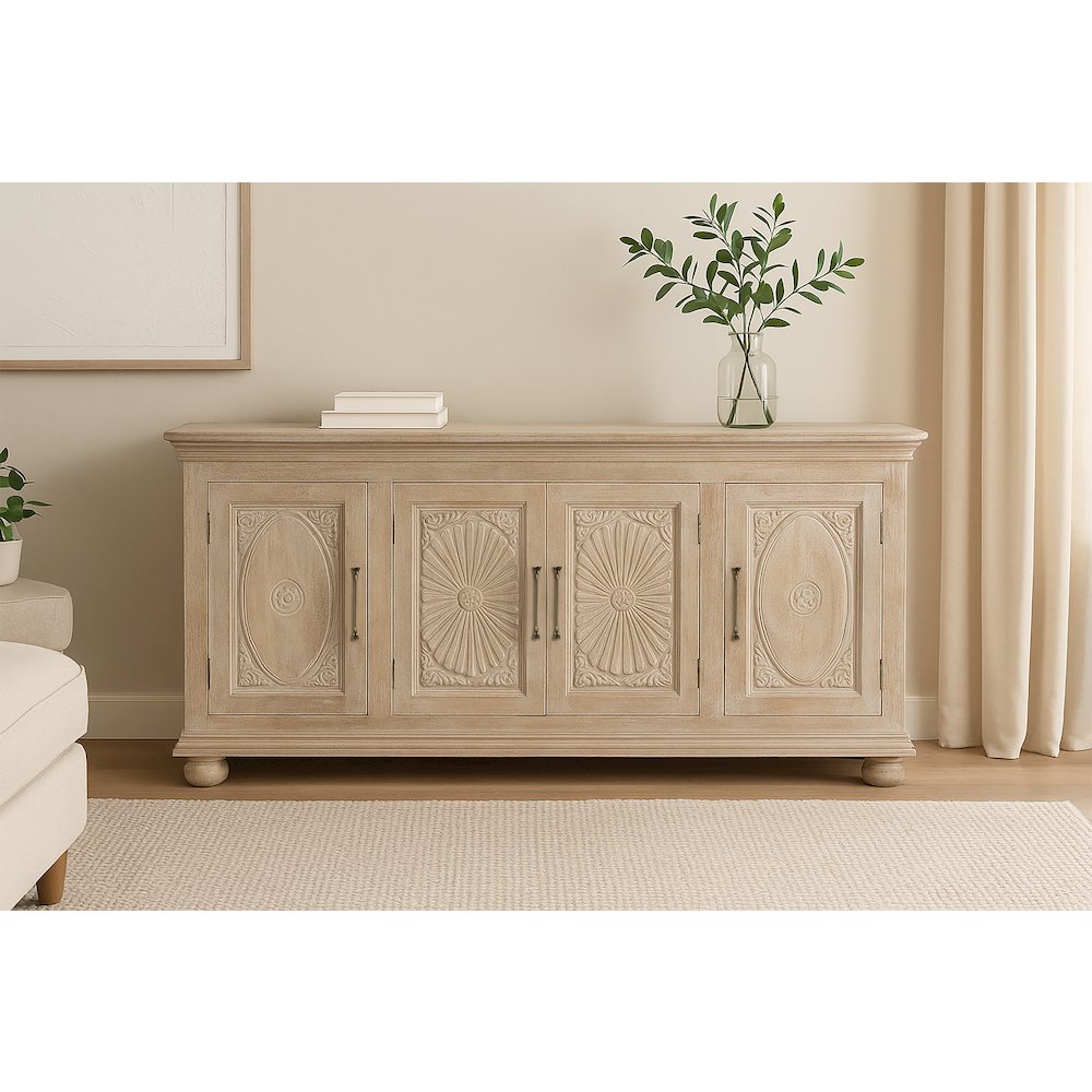 Carter 4-Door Sideboard in Distressed White on Solid Wood. Picture 2