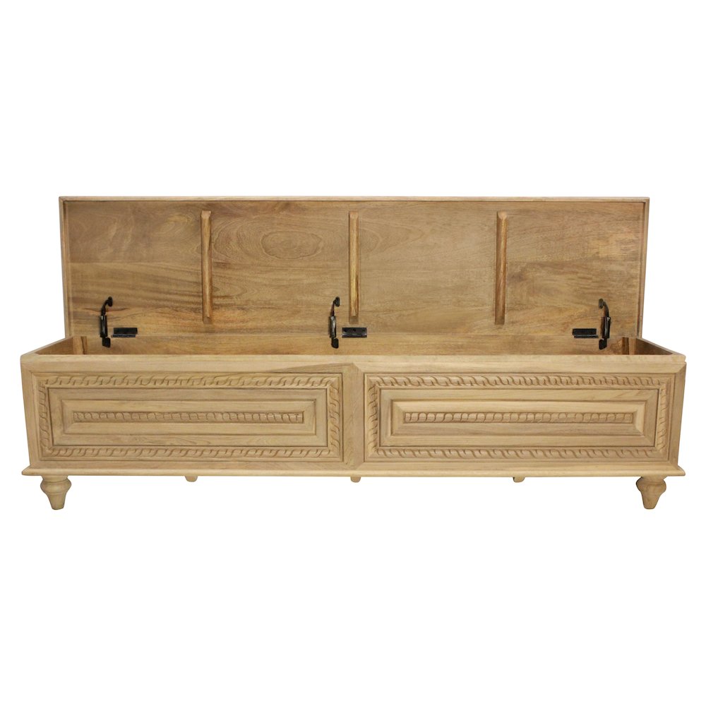 Noelle 71" Storage Bench in Distressed White on Teak Wood. Picture 3