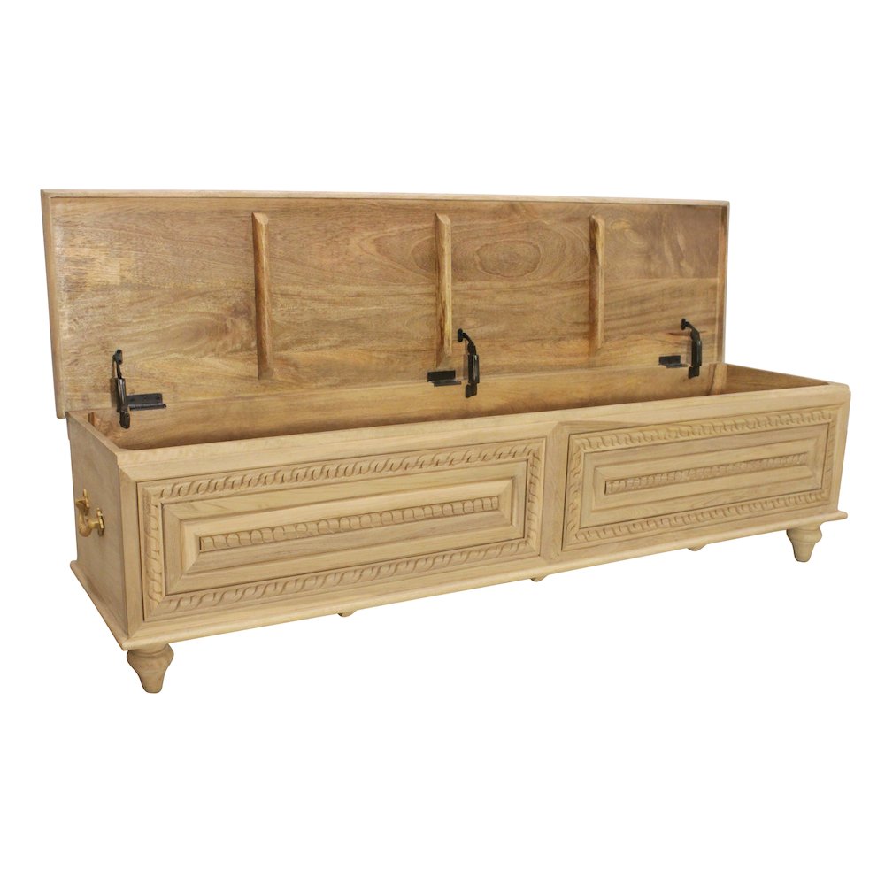 Noelle 71" Storage Bench in Distressed White on Teak Wood. Picture 4