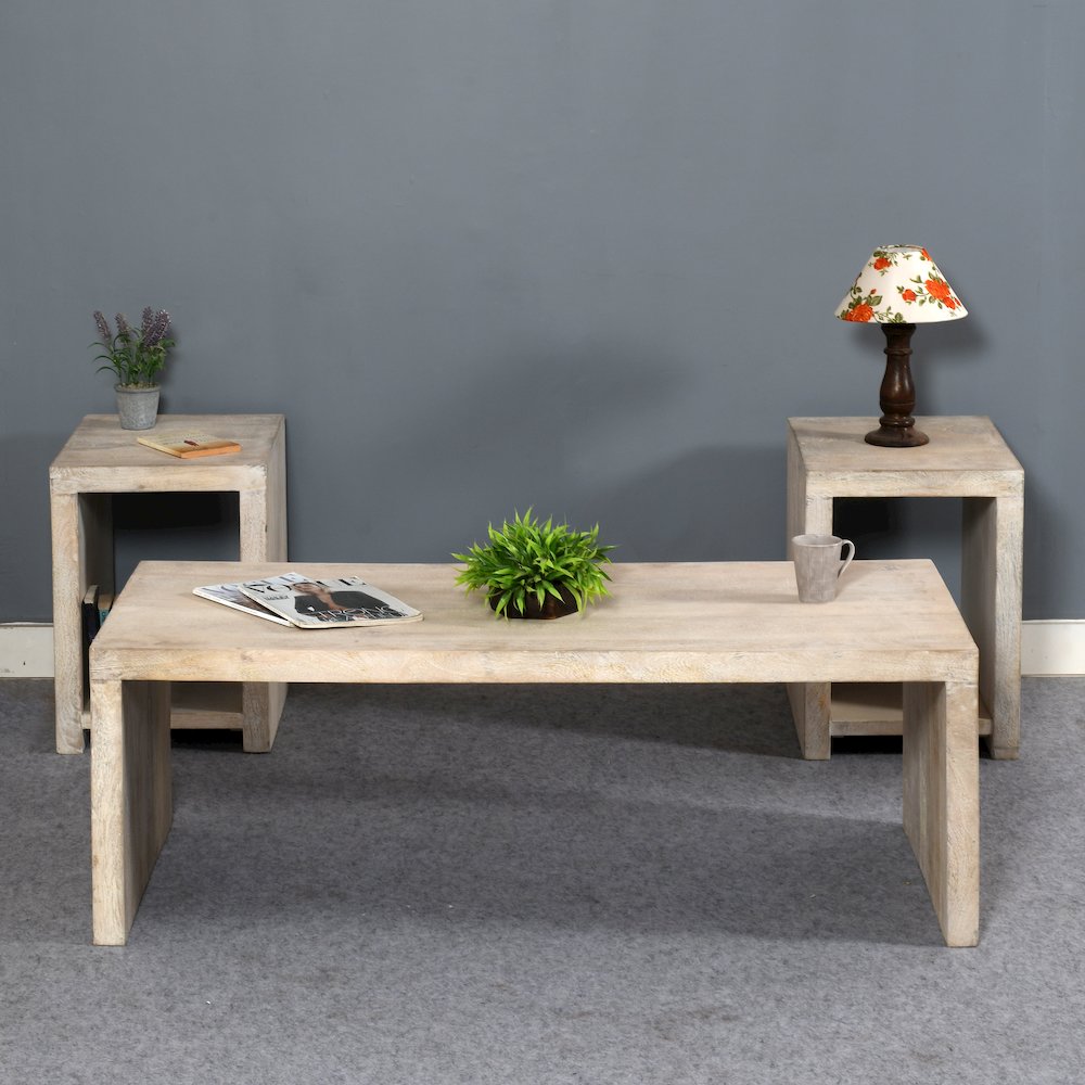 Mir 3-Piece Coffee and End Table Set in Brushed White. Picture 2