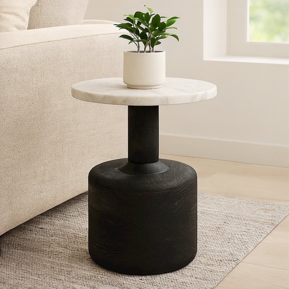 Caspian Side Table with White Marble Top in Distressed Black. Picture 3
