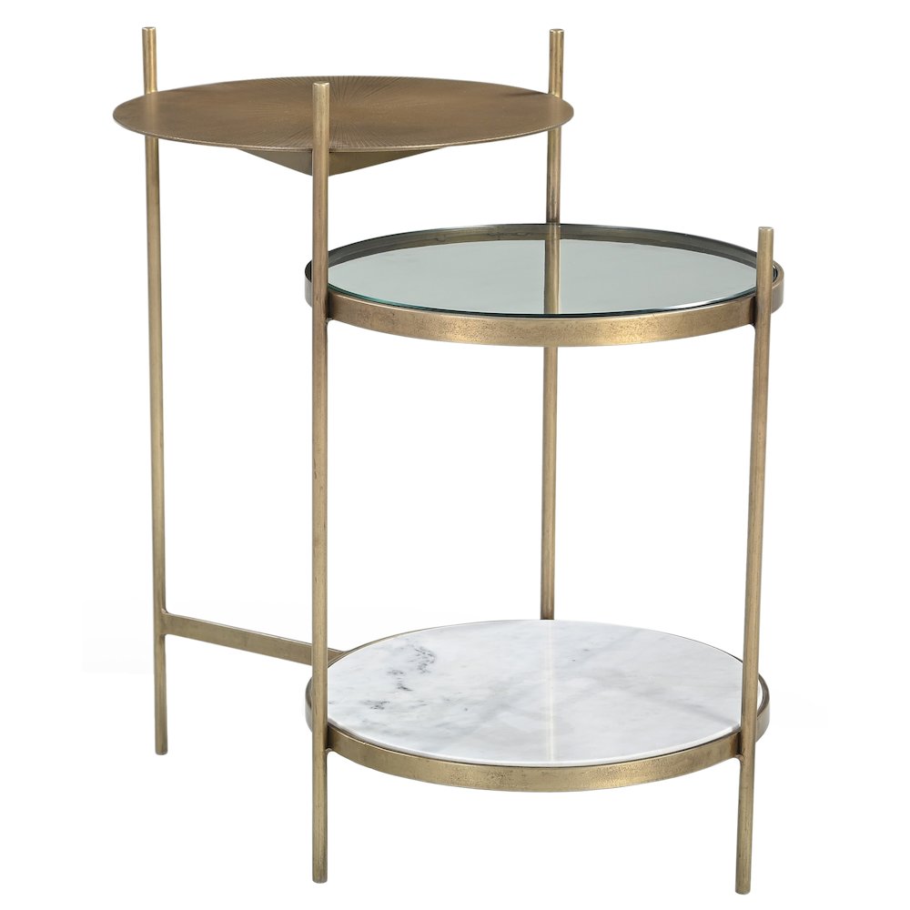 Galahad Iron Side Table in Textured Brass with Marble Shelf. Picture 2