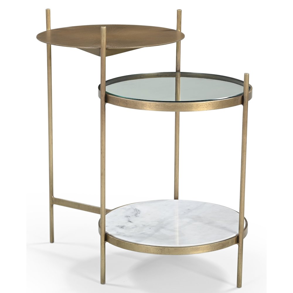 Galahad Iron Side Table in Textured Brass with Marble Shelf. Picture 1