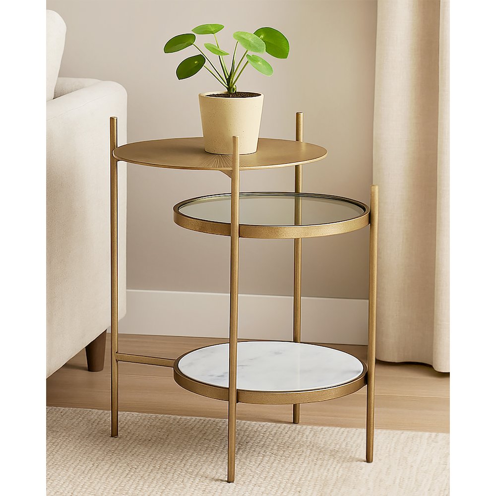 Galahad Iron Side Table in Textured Brass with Marble Shelf. Picture 4