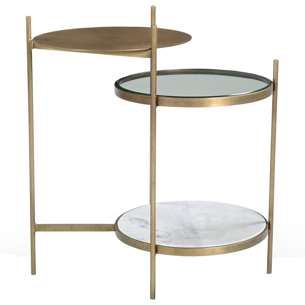 Galahad Iron Side Table in Textured Brass with Marble Shelf. Picture 6
