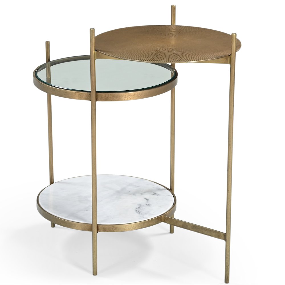 Galahad Iron Side Table in Textured Brass with Marble Shelf. Picture 5