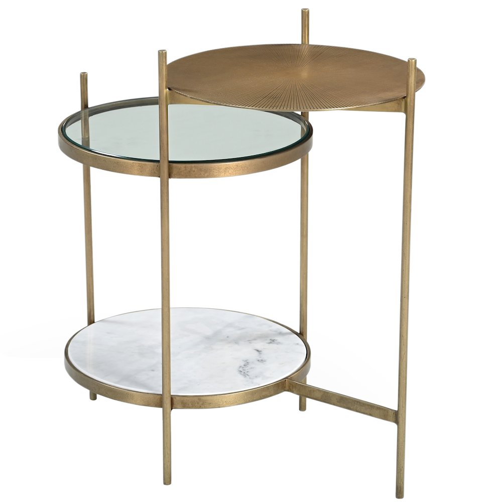 Galahad Iron Side Table in Textured Brass with Marble Shelf. Picture 8
