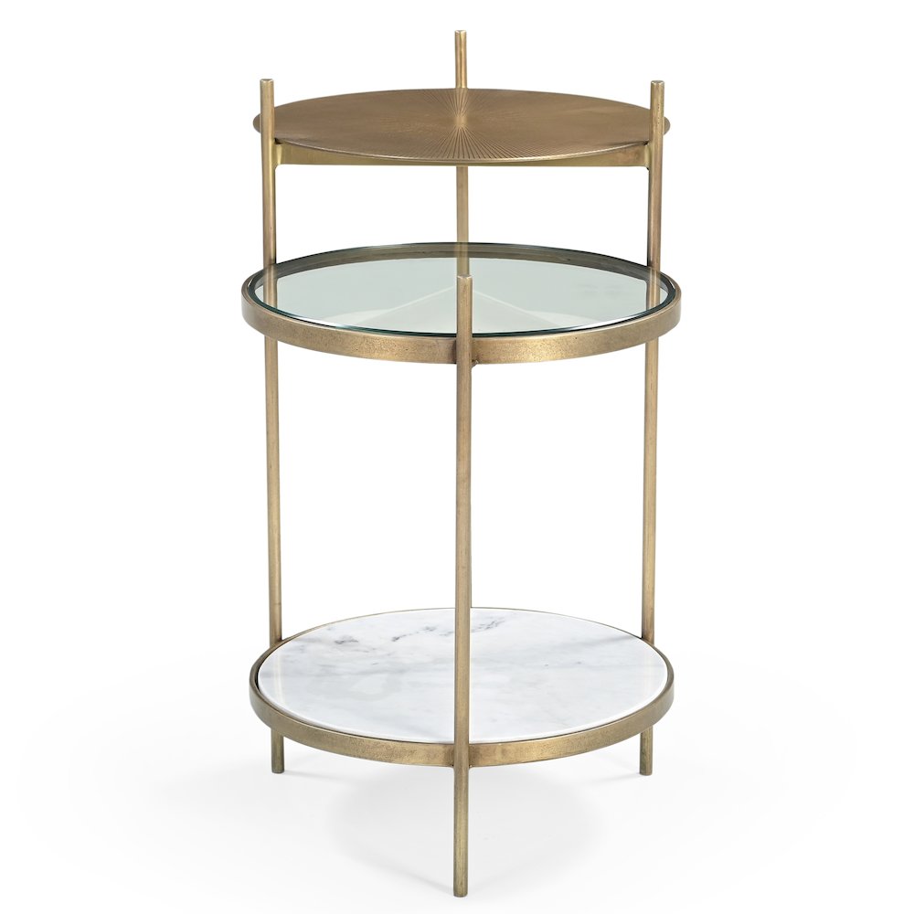 Galahad Iron Side Table in Textured Brass with Marble Shelf. Picture 7