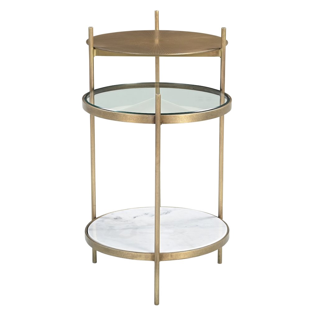 Galahad Iron Side Table in Textured Brass with Marble Shelf. Picture 10