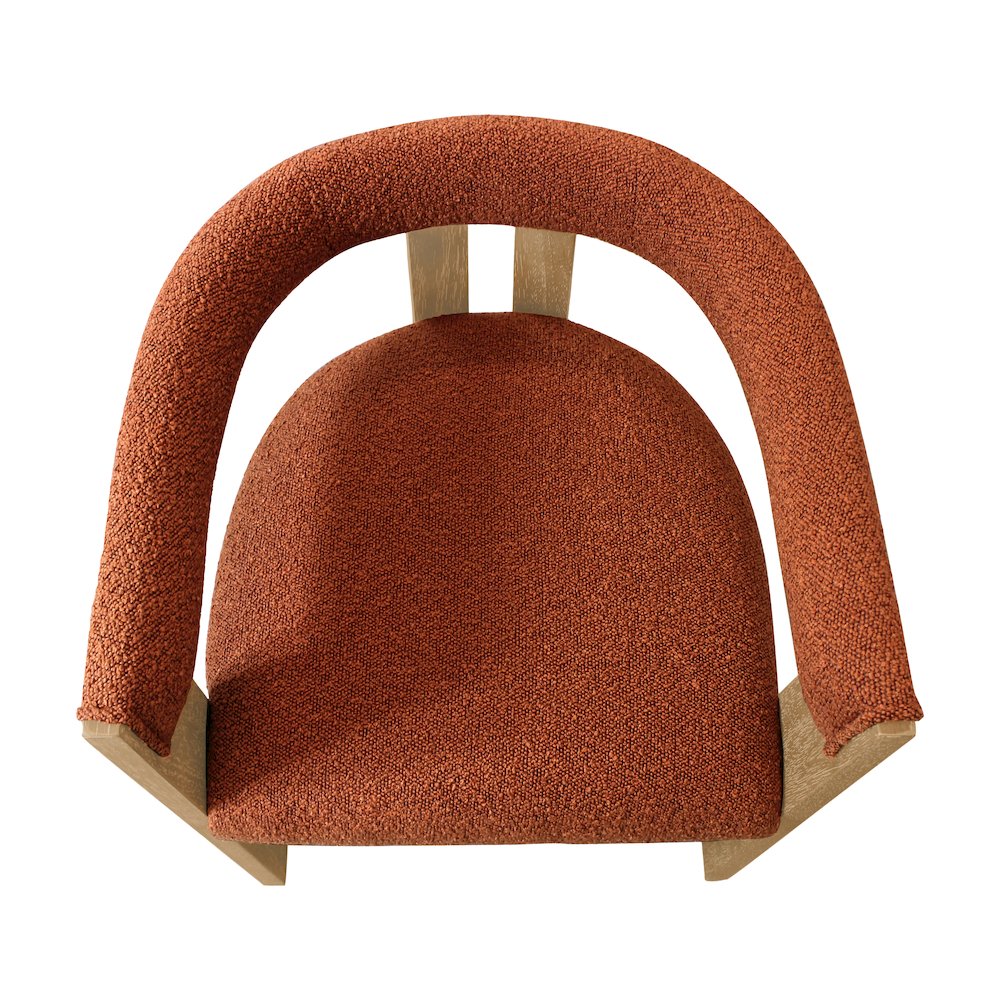 Trish Solid Wood Dining Arm Chair with Rust Orange Boucle Fabric and Down Seat. Picture 4