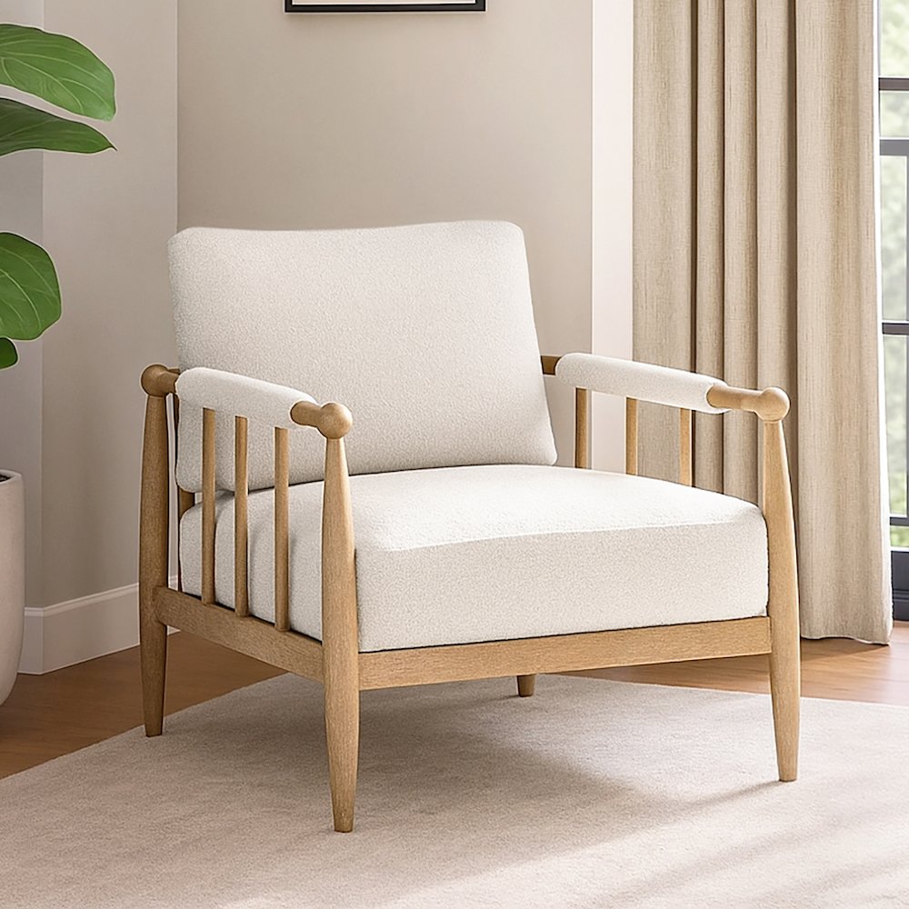 Venus Lounge Chair in Ivory Boucle on Natural Solid Wood. Picture 2