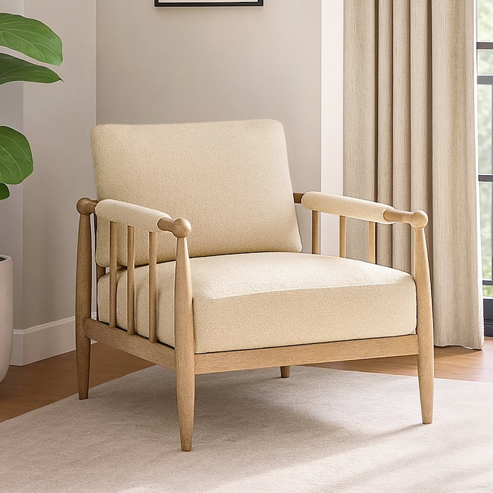 Venus Lounge Chair in Beige Boucle on Natural Solid Wood. Picture 2