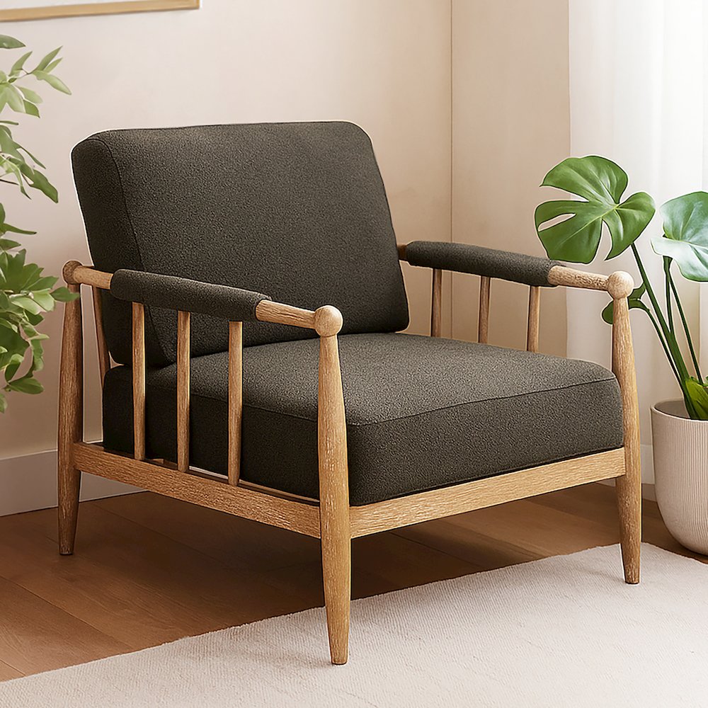 Venus Lounge Chair in Iron Ore Boucle on Natural Solid Wood. Picture 3