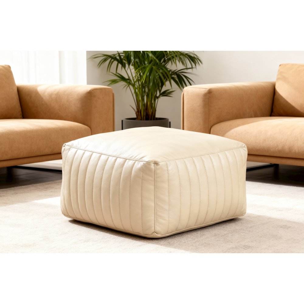 Brie Leather Pouf - Ivory. Picture 2