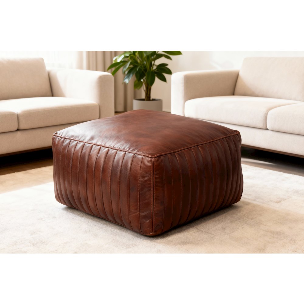 Brie Leather Pouf - Burgundy. Picture 3