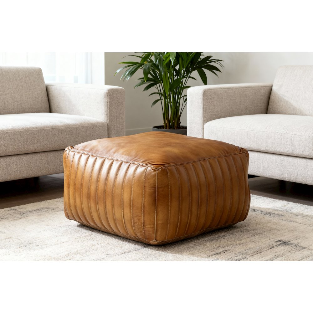 Brie Leather Pouf - Caramel. Picture 3