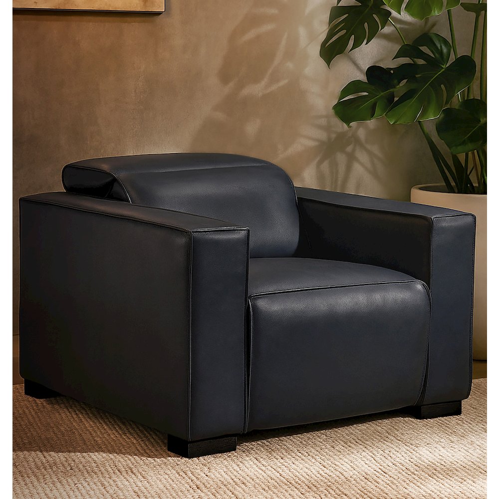 Riseholme Reclining Lounge Chair with Black Legs and Blue Full-Leather. Picture 2