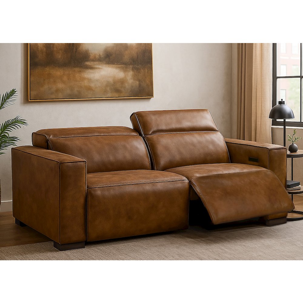 Riseholme Reclining Sofa with Barista Brown Legs and Tan Full-Leather. Picture 2