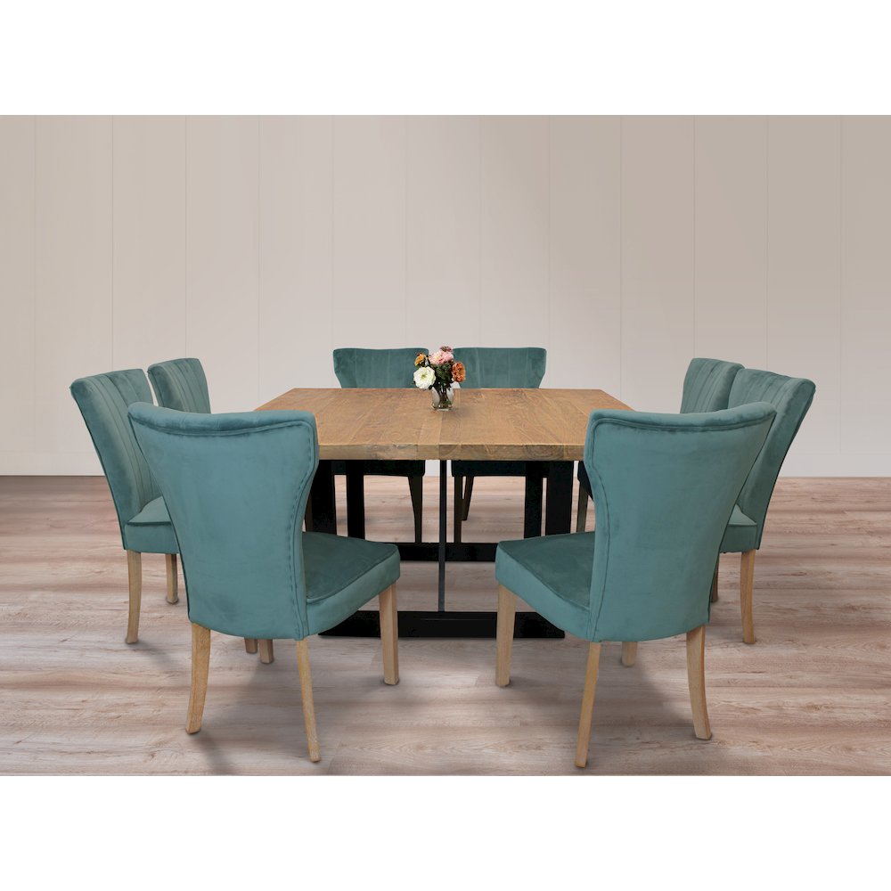 9-Piece Dining Set 8 Cleo Dining Chairs in Velvet Teal Fabric Natural Legs. Picture 2