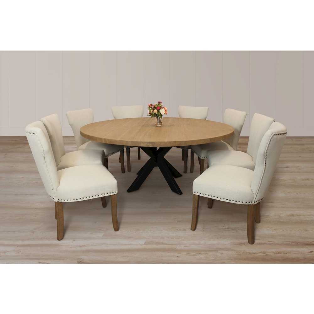 9-Piece 72 Dining Set 8 Jill Dining Chairs in Ivory Linen Fabric Dark Brown Legs. Picture 4