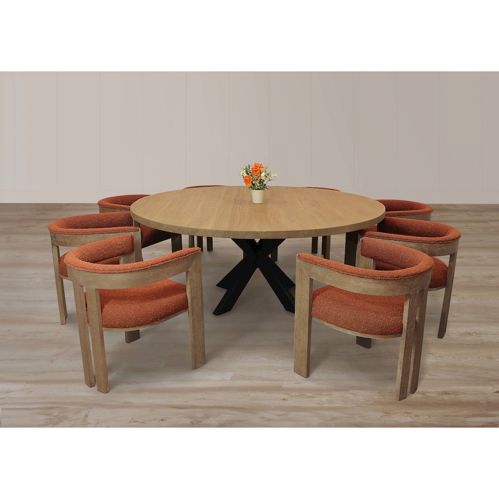 Trish Solid Wood Dining Arm Chair with Rust Orange Boucle Fabric and Down Seat. Picture 8