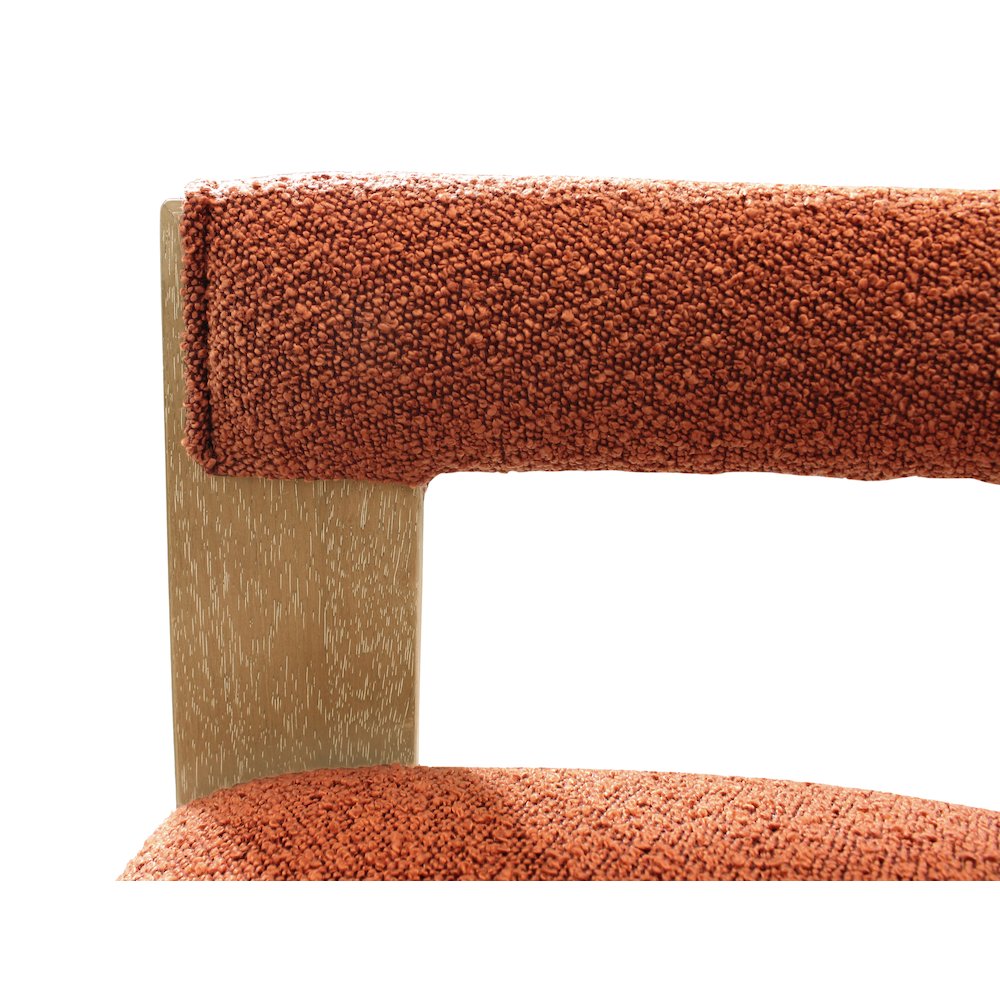 Trish Solid Wood Dining Arm Chair with Rust Orange Boucle Fabric and Down Seat. Picture 18