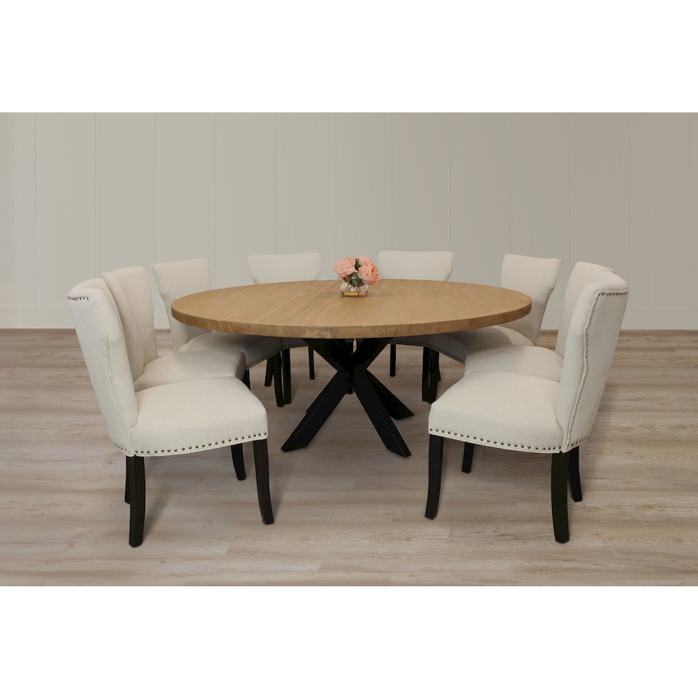 9-Piece 72 Dining Set 8 Dining Chairs in Ivory Linen Fabric Antique Brown Legs. Picture 2