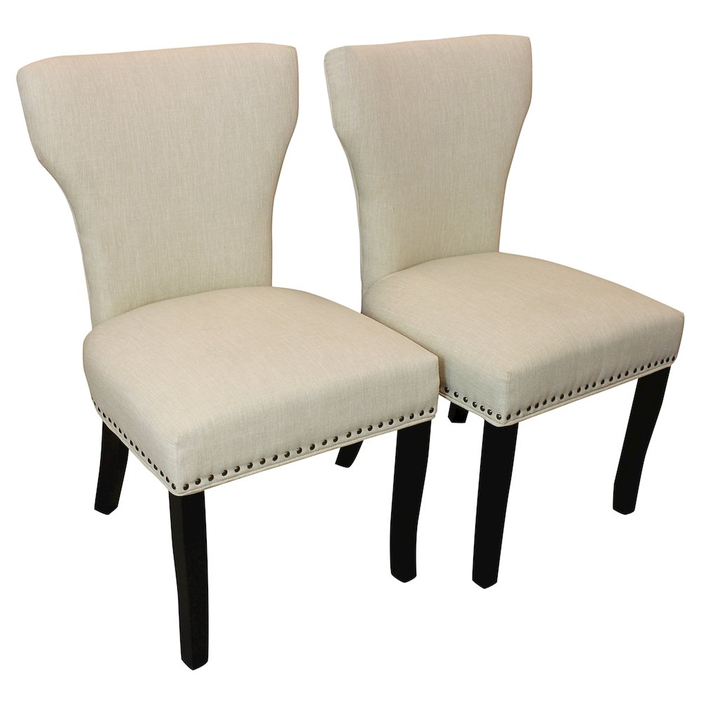 9-Piece 72 Dining Set 8 Dining Chairs in Ivory Linen Fabric Antique Brown Legs. Picture 8