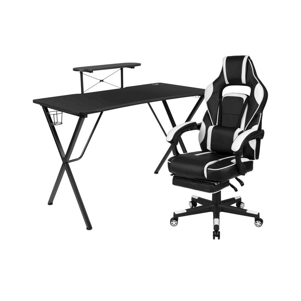 Black Gaming Desk with Cup Holder/Headphone Hook/Monitor Stand & White Reclining Back/Arms Gaming Chair with Footrest. Picture 1