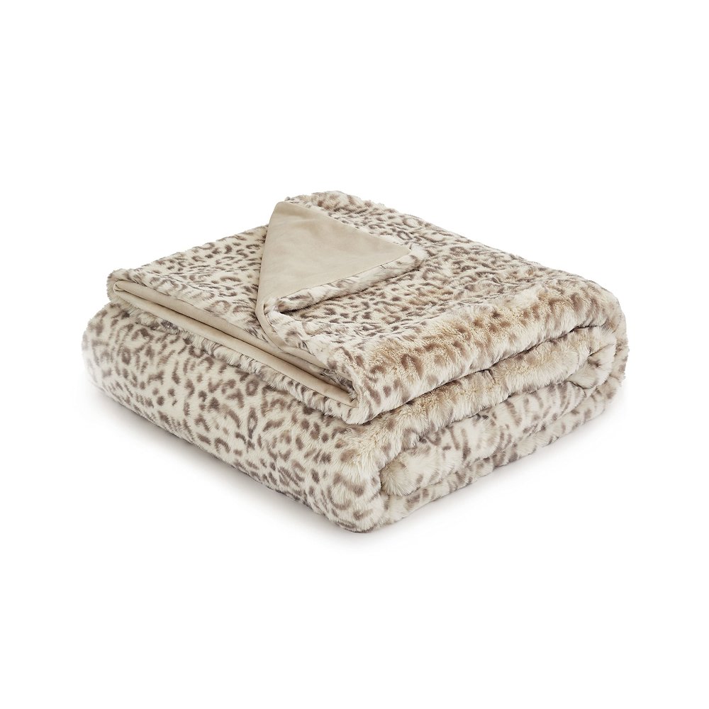 Snow Leopard 54"x72" Faux-Fur Throw - Natural. Picture 1