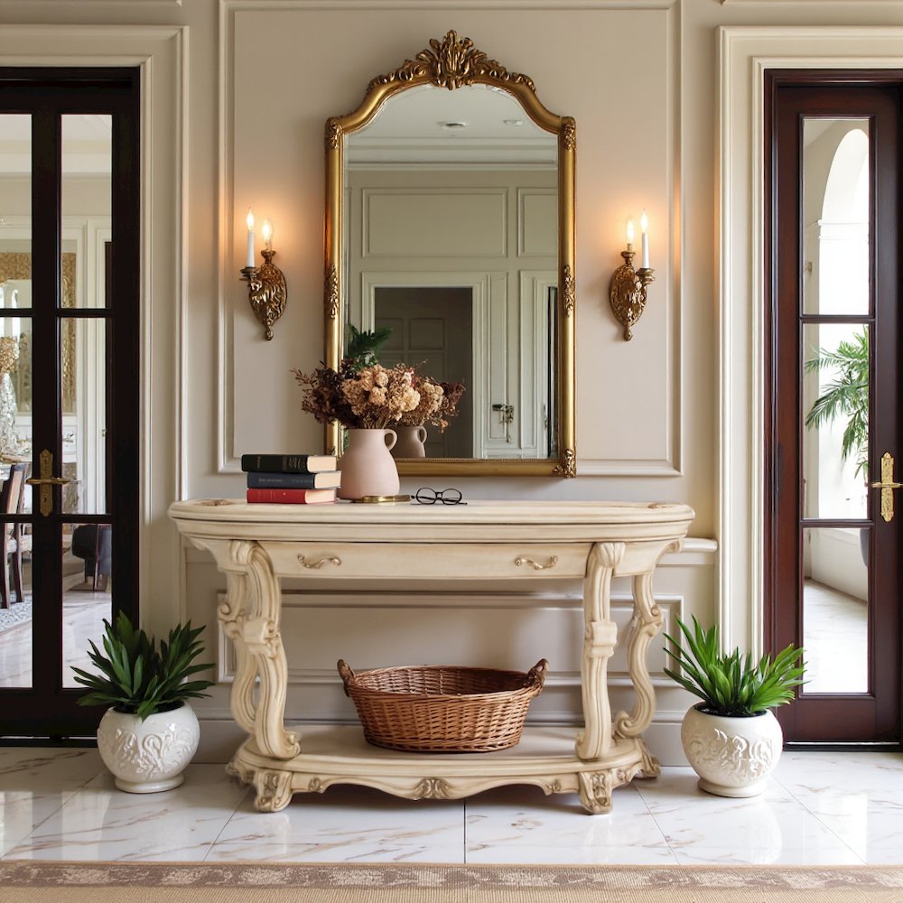 French Country Furniture – Beige Console Table for Entryway or Wall Use. Picture 3