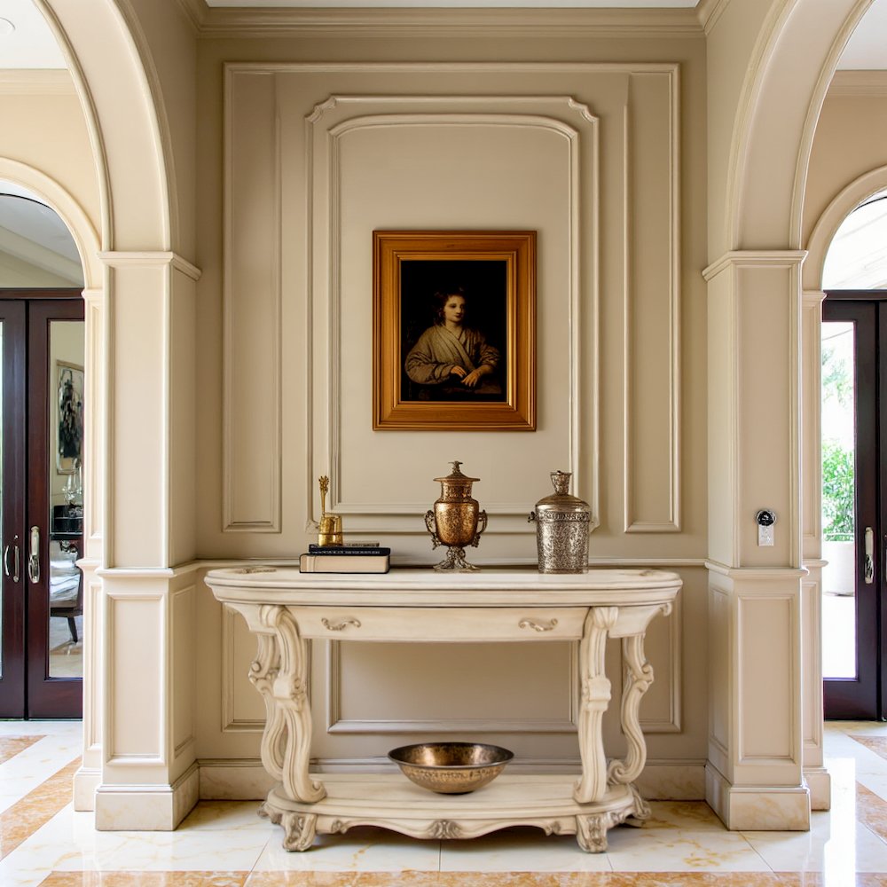 French Country Furniture – Beige Console Table for Entryway or Wall Use. Picture 2