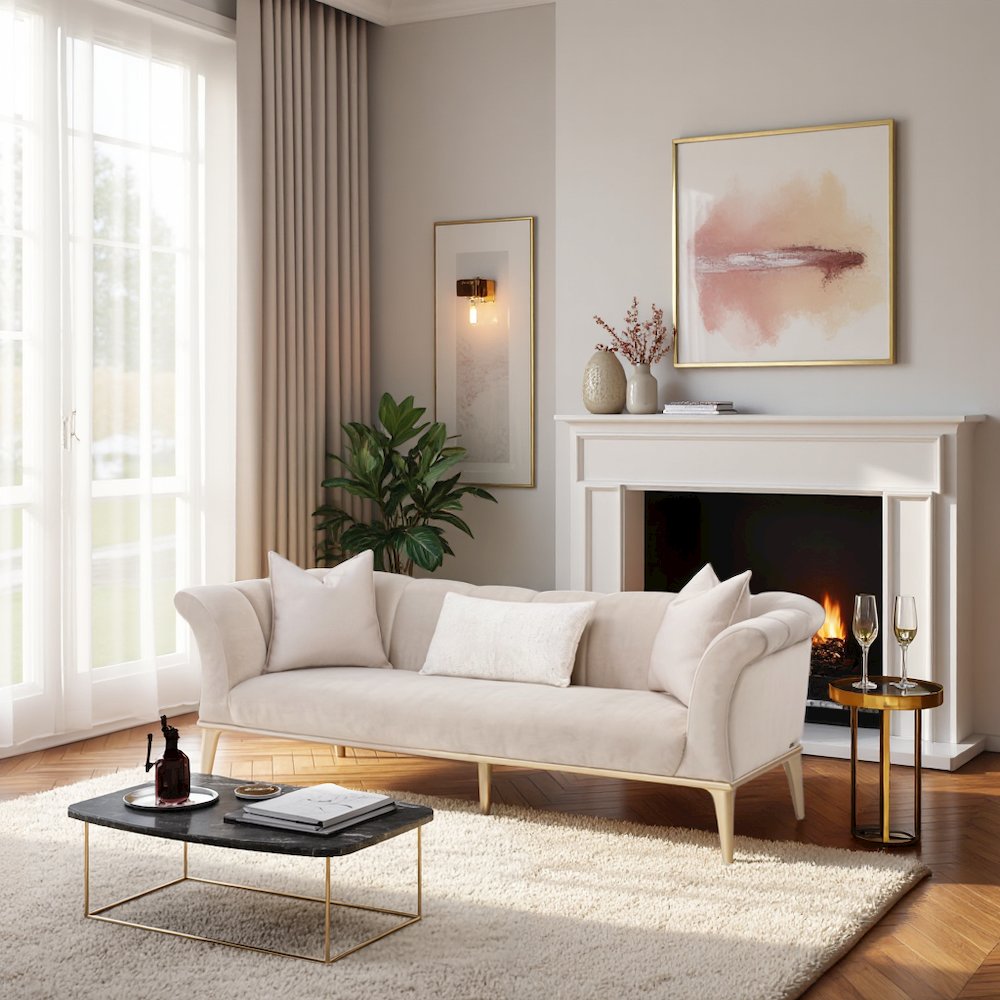 Beige Velvet Sofa for Living Room – Elegant 3 Seater 100 Inch Couch. Picture 2