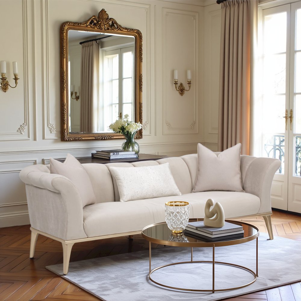 Beige Velvet Sofa for Living Room – Elegant 3 Seater 100 Inch Couch. Picture 3