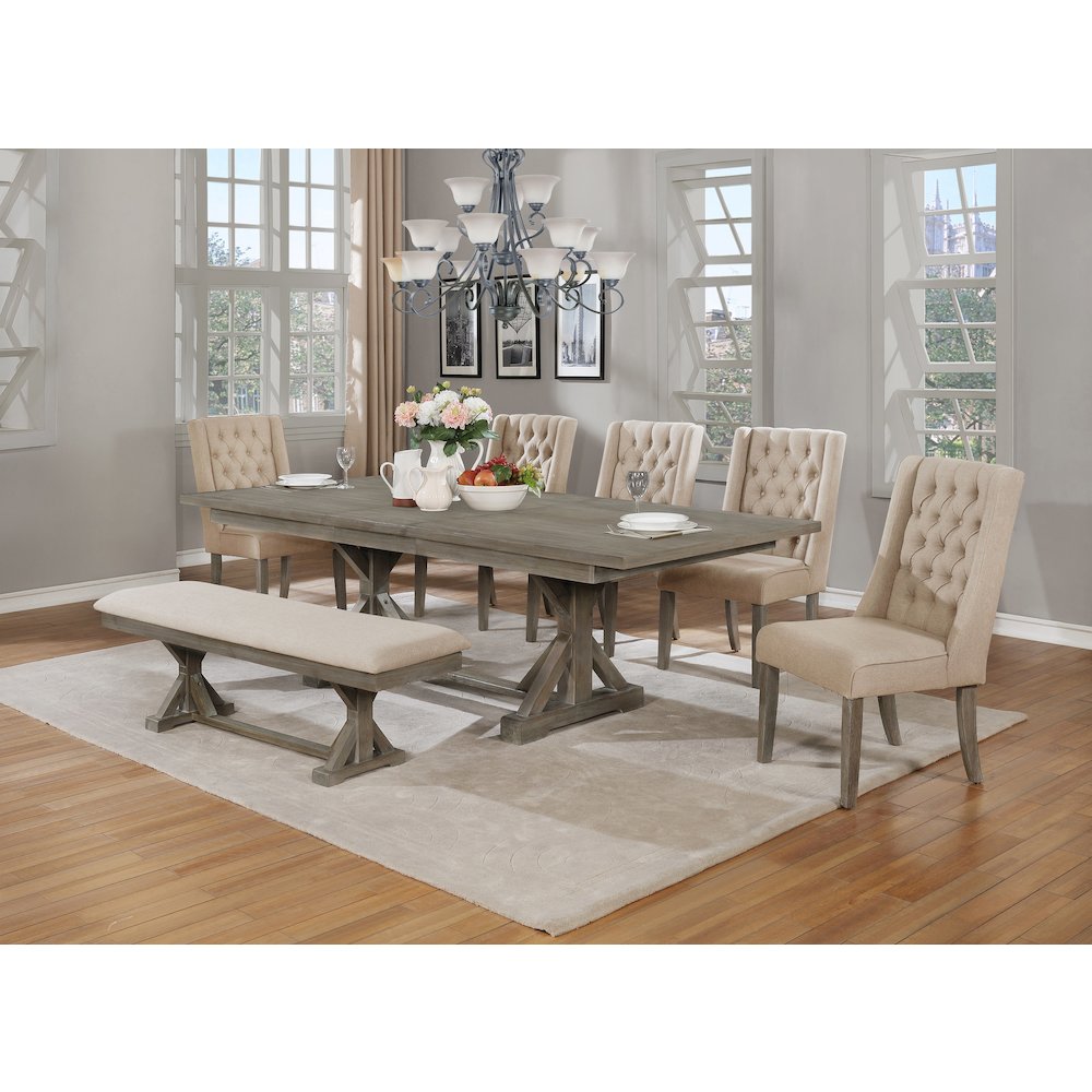 Classic Extension Dining 7 Piece Set w/18"Center Leaf, Bench & 5 Tufted Chairs in Beige Linen. Picture 2