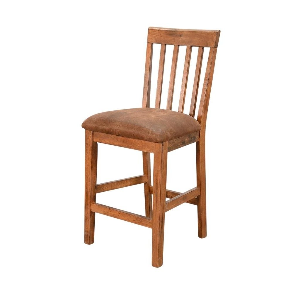 Light Brown Slatback Barstool Set with Cushioned Seats and Rustic Style. Picture 4