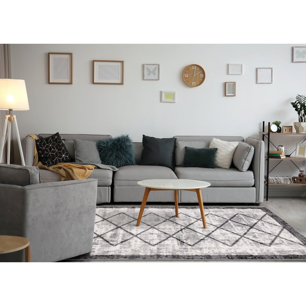 Claremont Grey Black Distressed Lattice Area Rug, 6'7" x 9'10". Picture 3