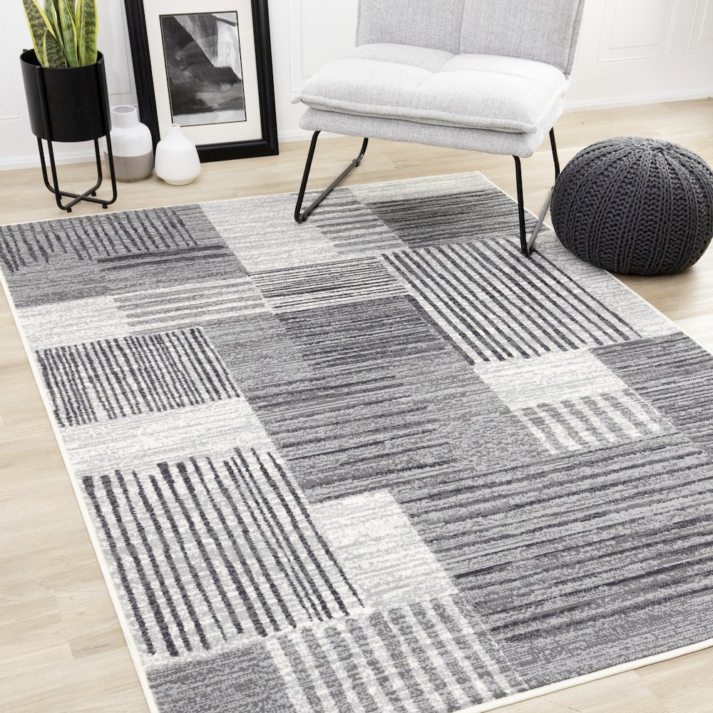 Striped Rug in White Grey Black, 7x10 Large Living Room Rug. Picture 2