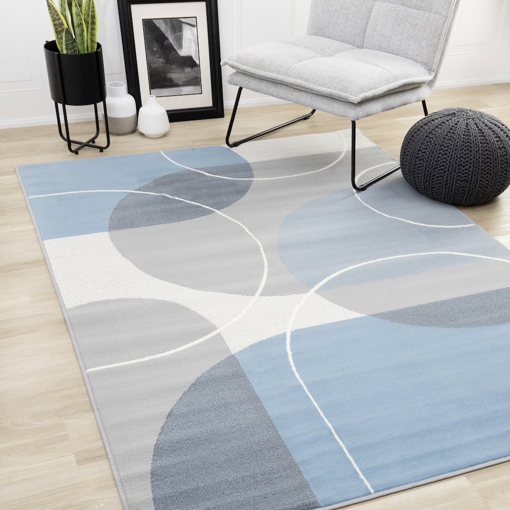 Modern Blue Grey White Large 7x10 Area Rug, Abstract Carpet Design. Picture 2