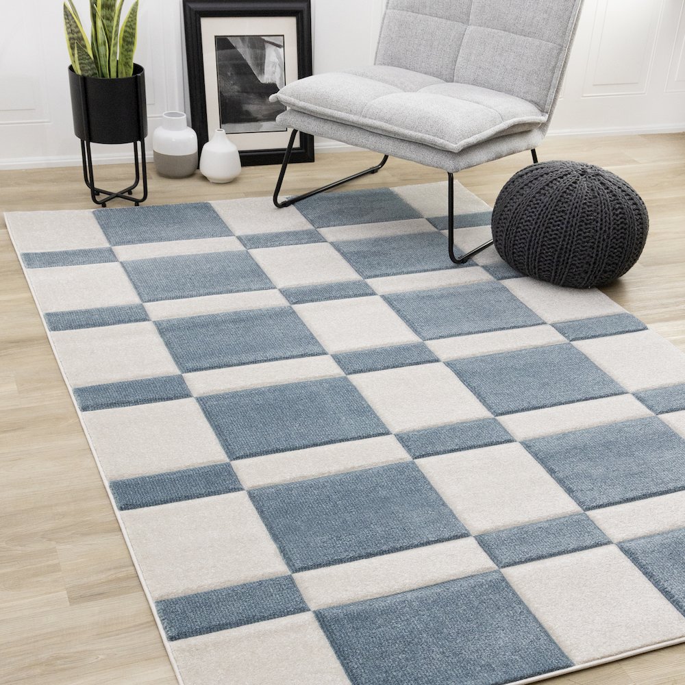 Finley Carved Modern Rectangles Blue White Textured Area Rug. Picture 2