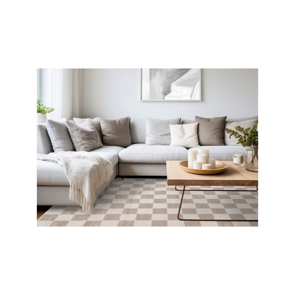 Logan Soft Beige Cream Checkered Rug, 7'10" x 10'6". Picture 3