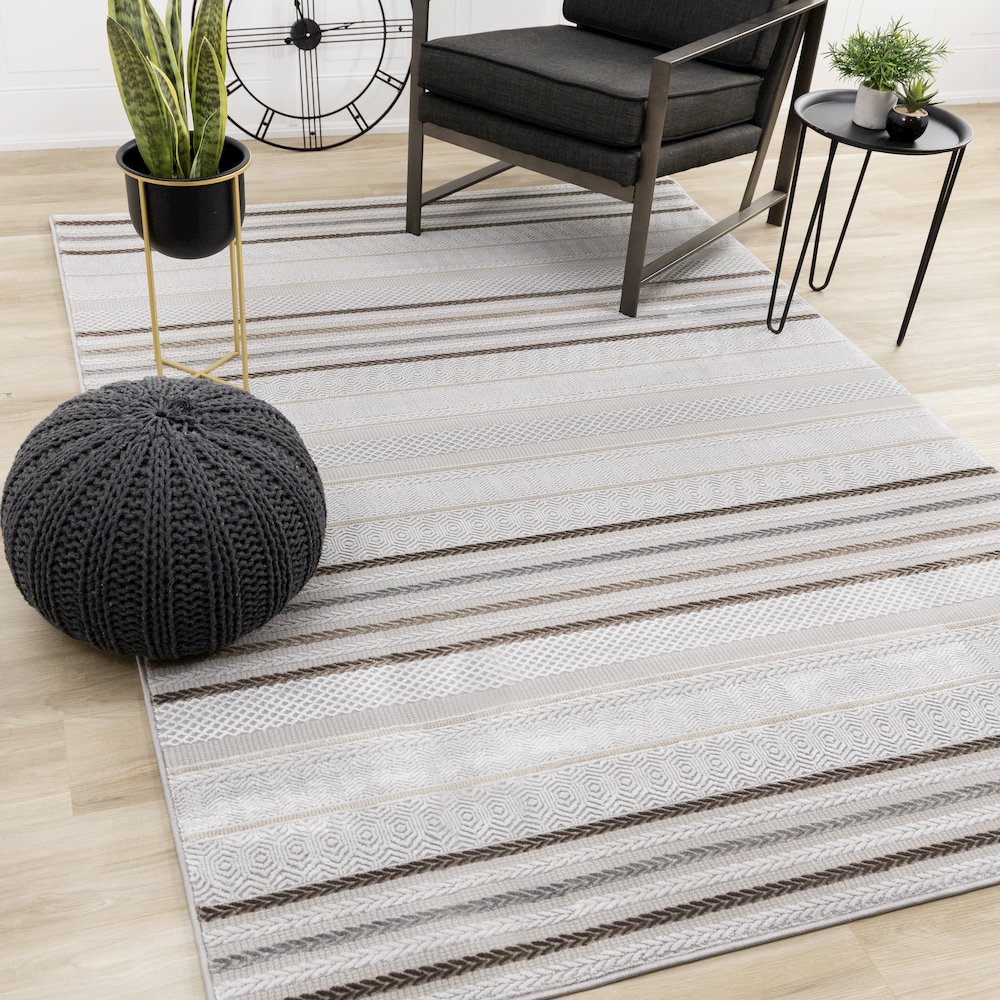 Layla Modern Grey Brown Soft Striped Rug, 7'10" x 10'6". Picture 2