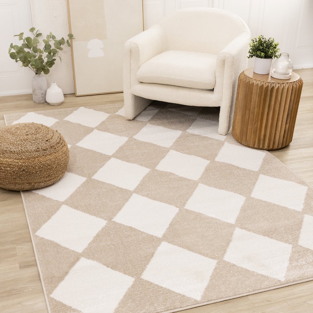 Boho Beige Cream Diamonds 7x10 Area Rug, Soft Indoor Carpet. Picture 2