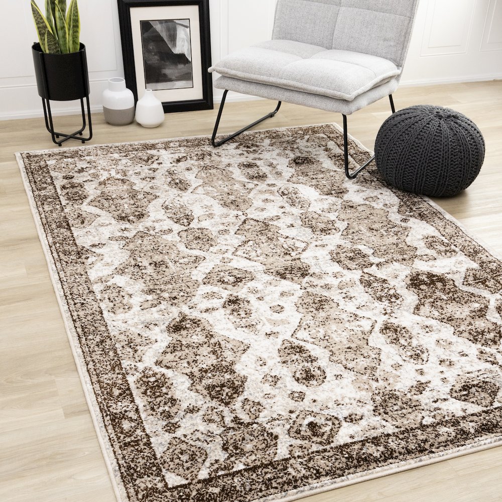 Classic Distressed Carpet in Brown Cream, 7x10 Area Rug for Large Rooms. Picture 2