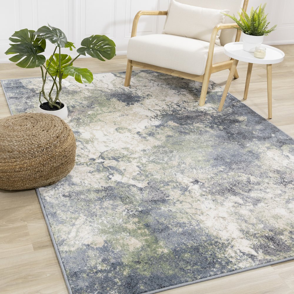 Davi Blue Green Cream Distressed Abstract Area Rug, 6'7" x 9'6". Picture 2