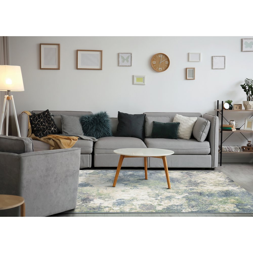 Davi Blue Green Cream Distressed Abstract Area Rug, 6'7" x 9'6". Picture 3