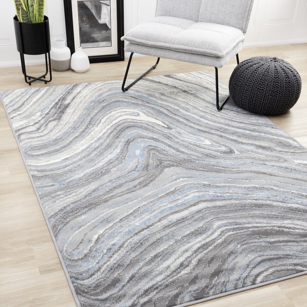 Abstract Grey Blue White Large Area Rug, 7x10 Functional Carpet. Picture 2