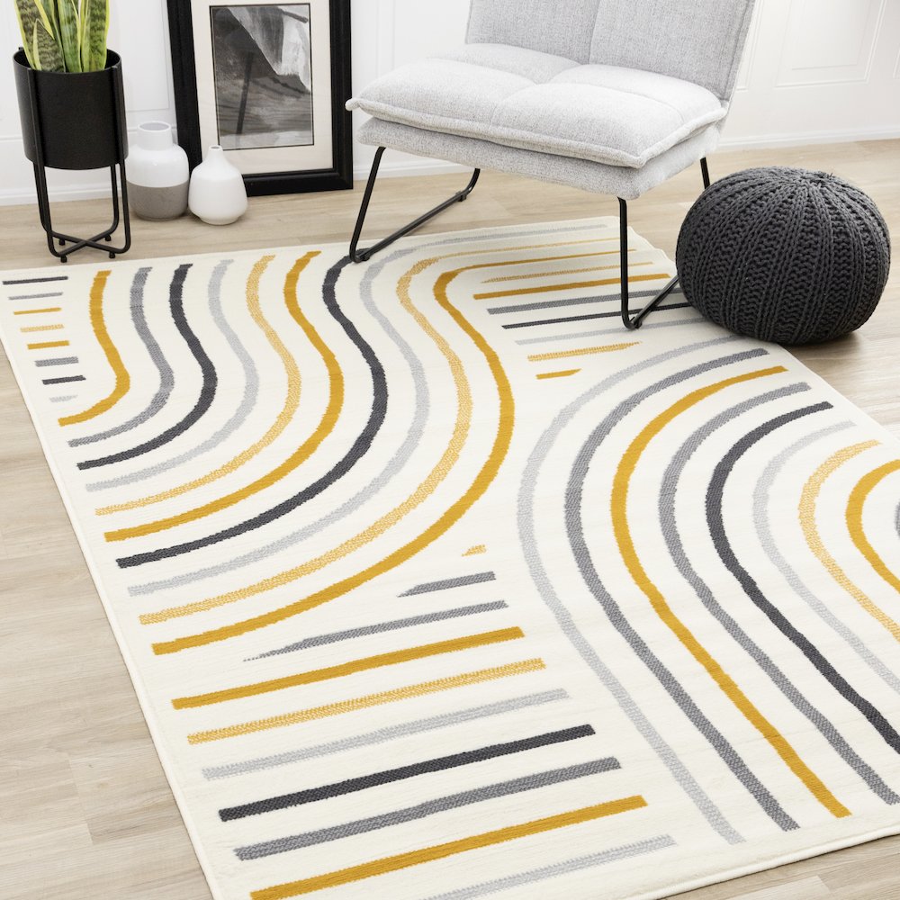 Functional Style Yellow Grey White Curves Rug, 7'9" x 10'6". Picture 2