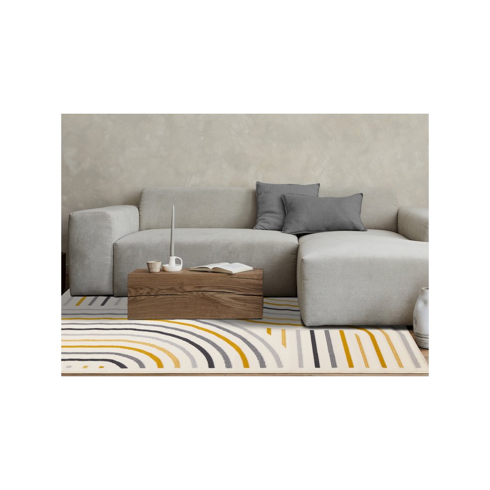 Functional Style Yellow Grey White Curves Rug, 7'9" x 10'6". Picture 3