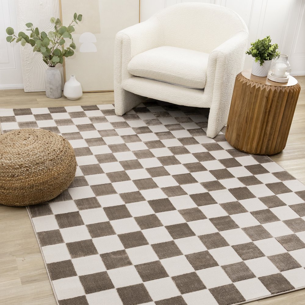Logan Soft Brown Cream Checkered Rug, 2'7" x 4'11". Picture 2